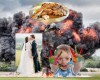 Explosion with wedding, child, and plate of BBQ superimposed